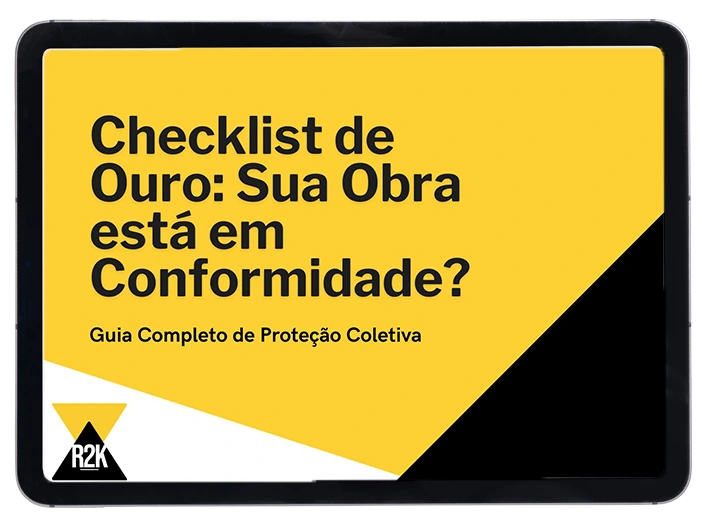 Mockup de um tablet exibindo a capa do ebook "Checklist de Ouro: Sua Obra está em Conformidade? Guia Completo de Proteção Coletiva" da R2K.