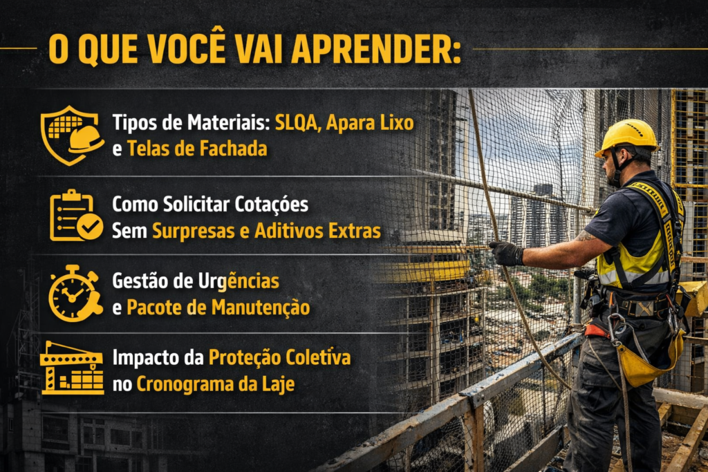 Infográfico da R2K Proteção Coletiva detalhando tópicos de certificação técnica, como tipos de materiais (SLQA e telas), cotações sem aditivos, gestão de urgências e impacto no cronograma de obras verticais.