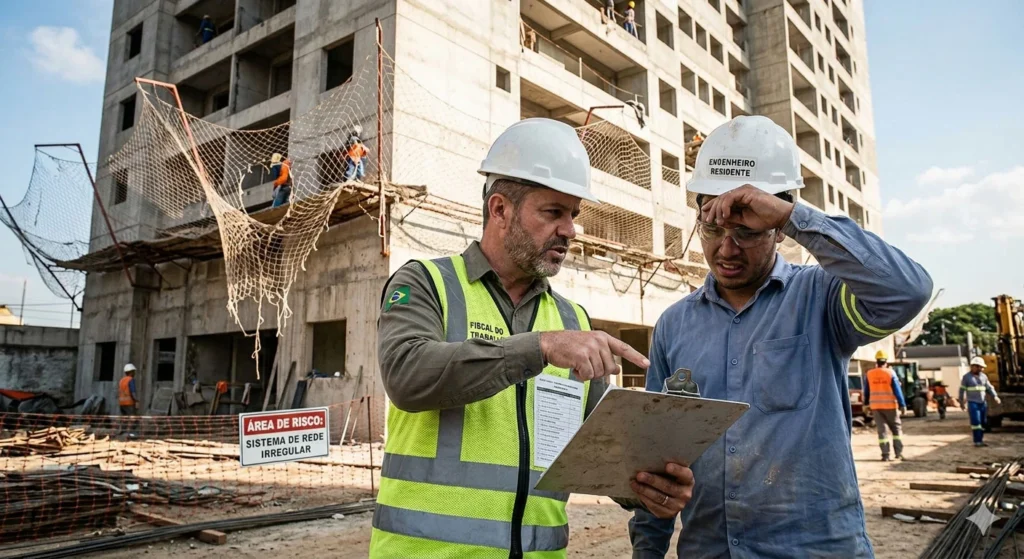 Fiscal do trabalho com prancheta inspecionando obra com redes de proteção rasgadas e irregulares, enquanto o engenheiro residente demonstra estresse.