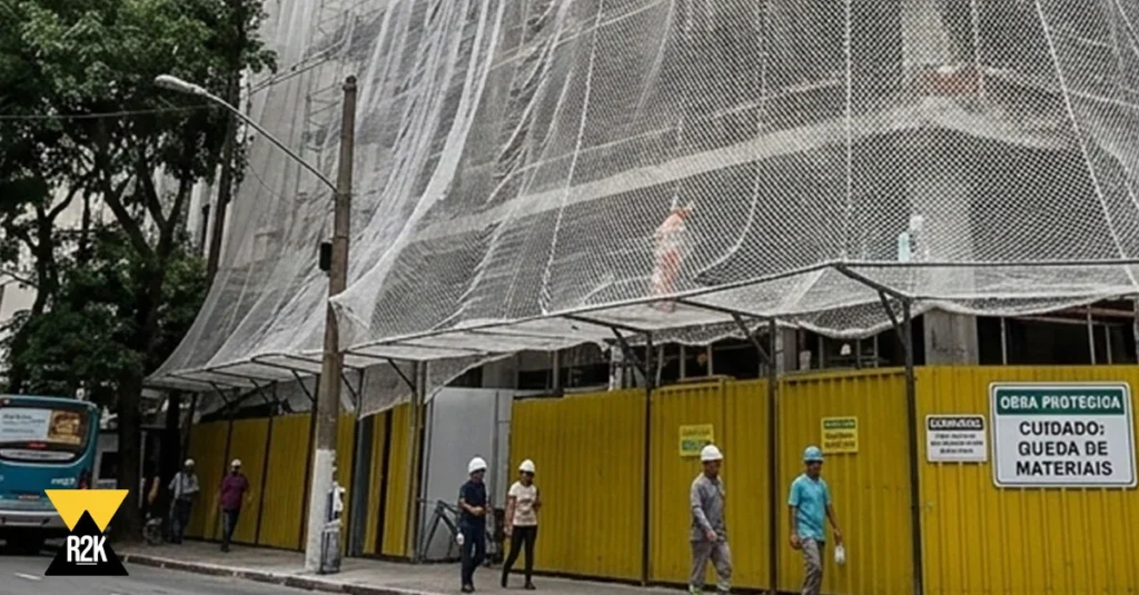 Uma visão geral de um grande canteiro de obras cercado por tapume amarelo e coberto por uma rede de segurança branca. Pedestres e trabalhadores andam na calçada. Uma placa de aviso em português está visível.