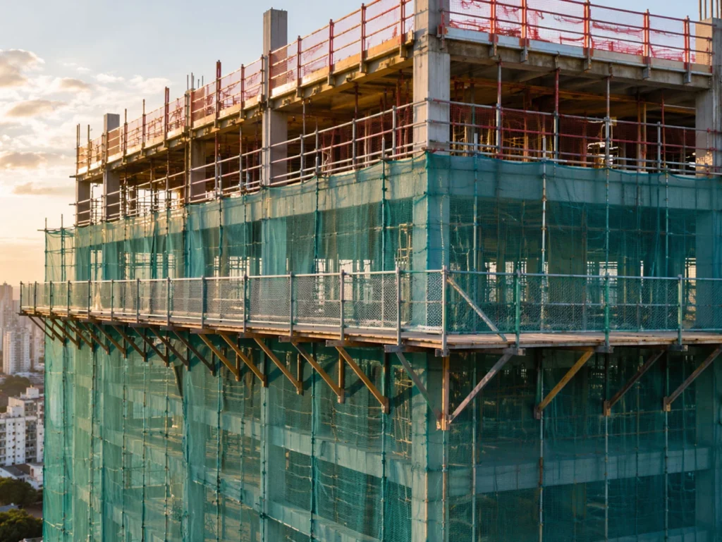 Edifício de múltiplos pavimentos em construção com sistema integrado de proteção coletiva instalado, mostrando bandeja salva-vidas de madeira projetada da estrutura, tela de fachada verde cobrindo todo o perímetro vertical e guarda-corpo metálico no pavimento superior, com skyline urbano ao entardecer.