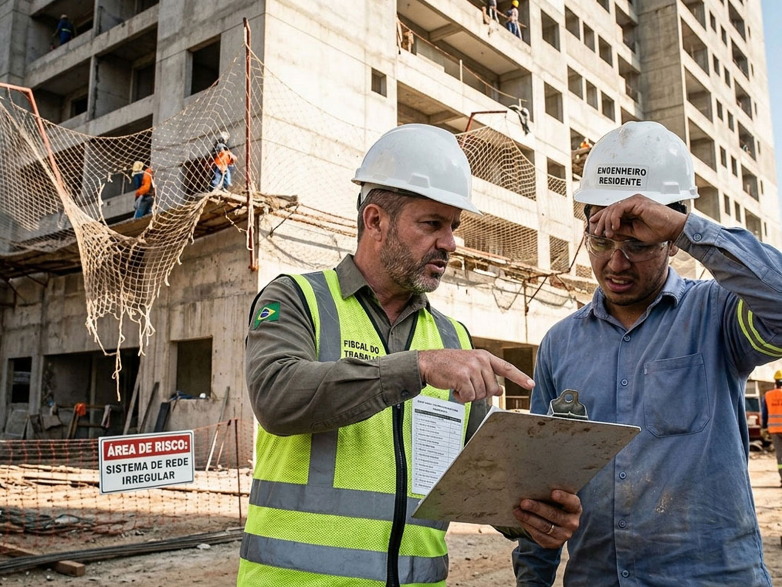 Fiscal do trabalho com prancheta inspecionando obra com redes de proteção rasgadas e irregulares, enquanto o engenheiro residente demonstra estresse.